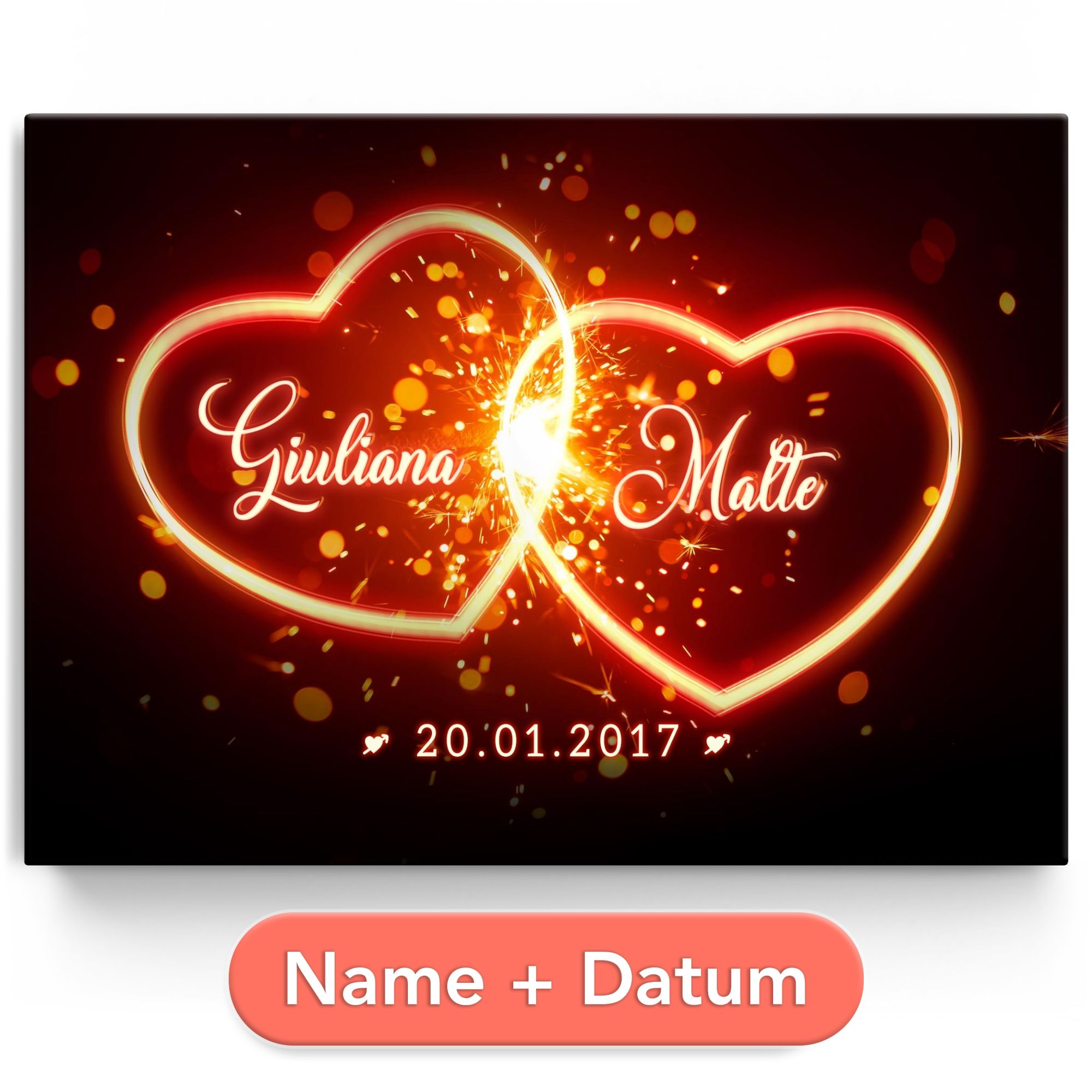 Personalisiertes Leinwandbild Glühende Herzen